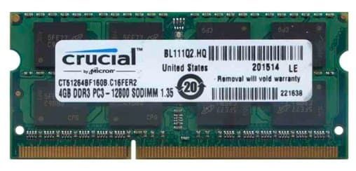 Оперативная память для ноутбука 4GB DDR3 1600MHz Crucial PC3-12800 Unbuffered NON-ECC 1,35V CT51264BF160B