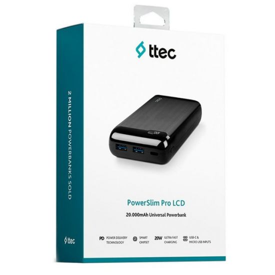 ttec PowerSlim Pro LCD PD 20.000 mAh Powerbank with USB-C Input/Output,Black