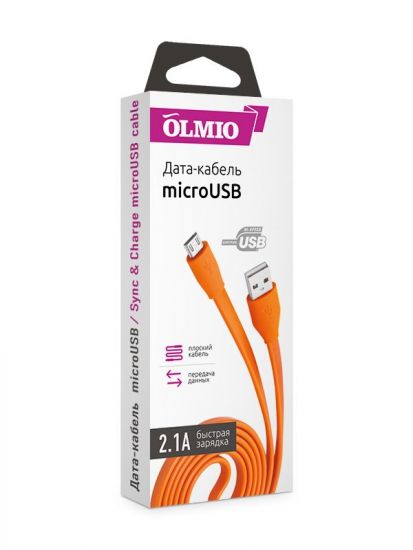 Кабель OLMIO USB 2 - microUSB, 1м, 2.1A, оранжевый, плоский