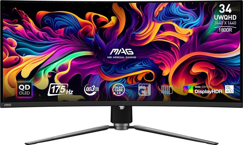 Премиальный Изогнутый OLED Монитор 34" MSI MPG 341CQPX QD-OLED, 3440x1440 UWQHD 4K, 240Hz, Curved 1800R, 0.03ms, 1500000:1, Угол Обзора 178/178, 21:9, VESA 100x100, 2xHDMI, 1xDP, 1xType-c, 2xUSB 2.0 Type-A, 1x USB 2.0 Type-B, 1xHeadphone-out, Регулировка 