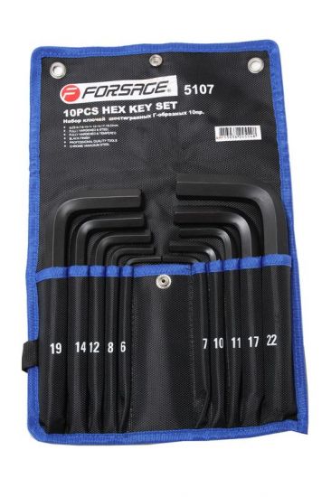 Набор ключей Г-образных  6-гранных 10 предметов  (6, 7, 8, 10, 11, 12, 14, 17, 19, 22мм) на полотне Forsage F-5107 18814