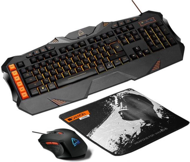 CANYON Leonof GS-1 3in1 Gaming set, Keyboard with lighting effect(118 keys), Mouse with logo RGB(DPI 800/1200/2400/3200), Mouse Mat with size 350*250*3mm, Black, 1.15kg, RU layout