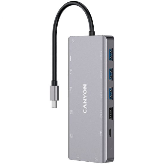 CANYON DS-12, 13 in 1 USB C hub, with 2*HDMI, 3*USB3.0: support max. 5Gbps, 1*USB2.0: support max. 480Mbps, 1*PD: support max 100W PD, 1*VGA,1* Type C data, 1*Glgabit Ethernet, 1*3.5mm audio jack, cable 15cm, Aluminum alloy housing,130*57.5*15 mm,DarK gra