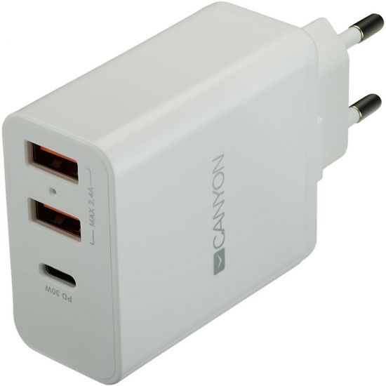 CANYON H-08 Universal 3xUSB AC charger (in wall) with over-voltage protection(1 USB-C with PD Quick Charger), Input 100V-240V, OutputUSB-A/5V-2.4A USB-C/PD30W, with Smart IC, White Glossy Color  orange plastic part of USB, 96.8*52.48*28.5mm, 0.092kg