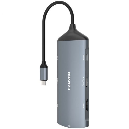 CANYON DS-15, 8 in 1 hub, with 1*HDMI,1*Gigabit Ethernet,1*USB C female:PD3.0 support max60W,1*USB C male :PD3.0 support max100W,2*USB3.1:support max 5Gbps,1*USB2.0:support max 480Mbps, 1*SD, cable 15cm, Aluminum alloy housing,133.24*48.7*15.3mm,Dark