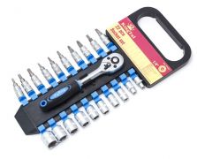 Набор головок и головок-бит с трещоткой в пласт. держателе 22 предмета  1/4" (5-14мм, 6-гран.) KINGTUL KT422 2797