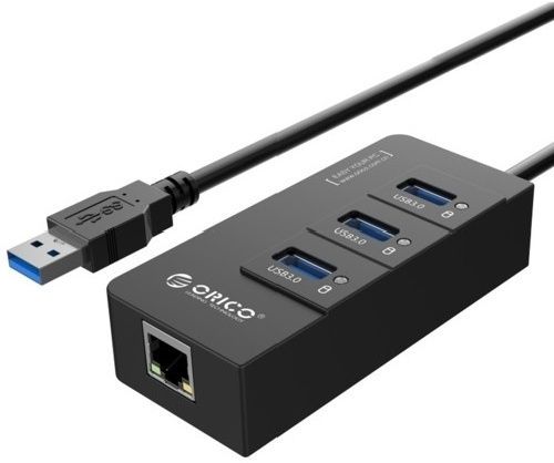 Адаптер сетевой USB3 ORICO HR01-U3-V1-BK-BP <USB3.0x3, Cable 30cm, RJ45, BLACK, 95*42*23mm>