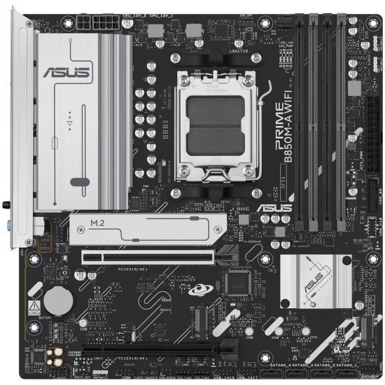 ASUS Main Desktop AMD Socket AM5 AMD B850 Chipset 4 x DIMM slots, max. 256GB 2 x DisplayPort 1 x HDMI port 1 x Wi-Fi module 3 x M.2 slots 4 x SATA mATX Form Factor