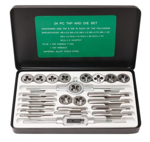 Набор метчиков и плашек метрический 24 предмета  (М5х0.8/0.9, М6х0.75/1, М8х1/1.25, М10х1.25/1.5, М12х1.5/1.75), в металлическом кейсе ROCKFORCE RF-M024-1 10457