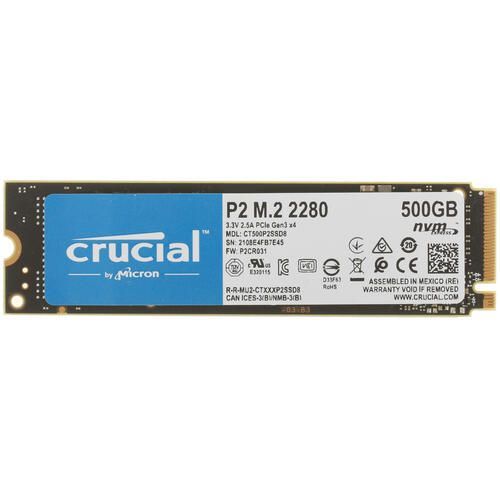 Твердотельный накопитель 500Gb SSD Crucial P2 3D NAND M,2 PCIe NVMe Gen3 R2300Mb/s W940MB/s CT500P2SSD8