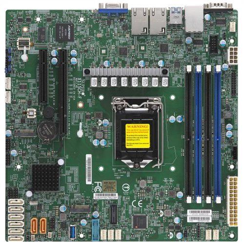 Серверная материнская плата SuperMicro X11SCH F Single Socket H4 (LGA 1151), 8 SATA3 (6Gbps); RAID 0, 1, 5, 10; 2x 1GbE LAN with Intel I210 AT; 1 PCI E 3 x8 (in x16) and 1 PCI E 3 x8 slots, 4 DIMM slots.