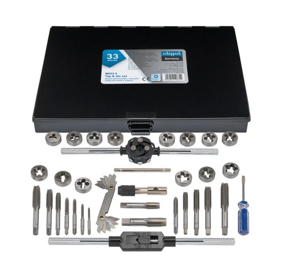 Набор метчиков и плашек 33пр.(метрич+дюйм)(М3х0.5,М4х0.7,М5х0.8,М6х1.0,М8х1.25,М10х1.5,М12х1.75;1/4, 64903 Sch-M033-3