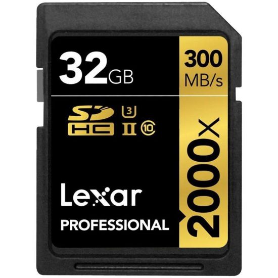 32GB Lexar Professional 2000x SDHC UHS-II cards, up to 300MB/s read 260MB/s write C10 V90 U3