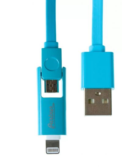 Кабель OLMIO USB 2 - microUSB/Apple 8pin, 2-в-1, 1м, 2.1A, голубой, плоский