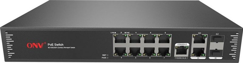 Коммутатор PoE управляемый  8-портовый ONV POE31108PFM <8 портов 10/100Mbps PoE 802.3af/at (max 30W на порт), 2 Gigabit Uplink TP Combo порт, 2 Gigabit Uplink SFP порта, коммутационая матрица 8,8Gbps, бюджет мощности PoE 130W>