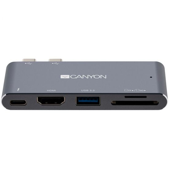 Canyon Multiport Docking Station with 5 port, with Thunderbolt 3 Dual type C male port, 1*Thunderbolt 3 female 1*HDMI 1*USB3.0 1*SD 1*TF. Input 100-240V, Output USB-C PD100W