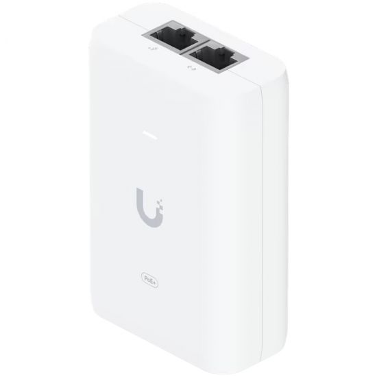 Ubiquiti U-POE+ adapter 30W, powers UniFi PoE+ devices, reduce dependency on PoE switch power, Contains RJ45 data input, AC cable with earth ground, and PoE+ output