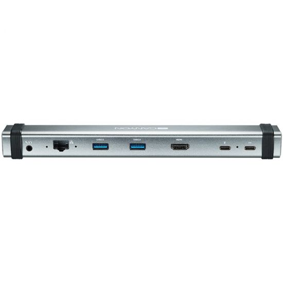 CANYON DS-6, Multiport Docking Station with 7 ports: 2*Type C+1*HDMI+2*USB3.0+1*RJ45+1*audio 3.5mm, Input 100-240V, Output USB-C PD 5-20V/3A&USB-A 5V/1A, with type c to type c cabel 0.3m, Space gray, 226*33.7*24mm, 0.174kg