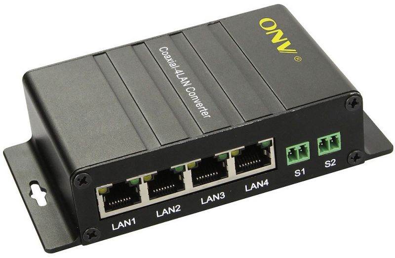 Конвертер активный ONV4C1E-3 <1x100Mbps Ethernet, 4xCoaxial Input/Output BNC port> <1x10/100Mbps auto-sensing RJ45 port,4Coaxial Input/Output BNC port, до 300м>