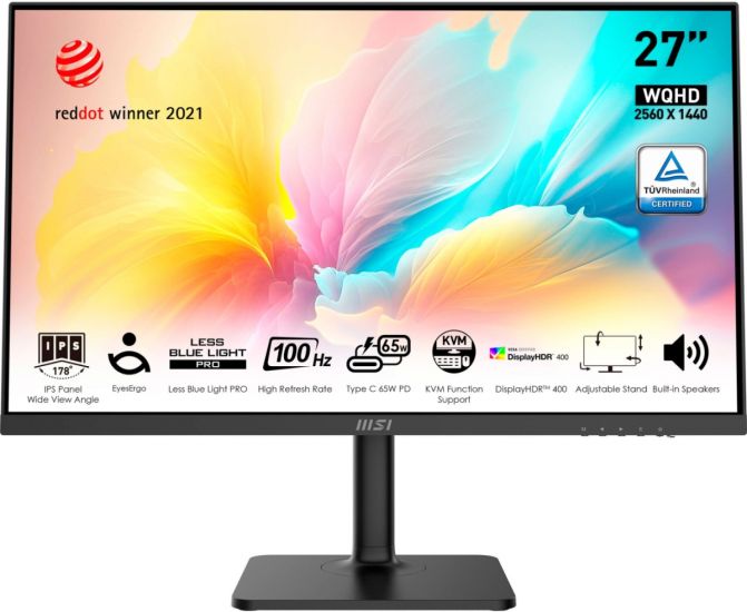 Монитор 27" MSI Modern MD272QXP IPS 2560х1440 100Hz 1ms 400cd/m 100млн:1xDP 1xHDMI 1xUSB-C Угол обзора 178/178,  2x2W, Поворот Экрана (PIVOT) 90%, Регулировка Высоты 110мм, Цвет: Черный