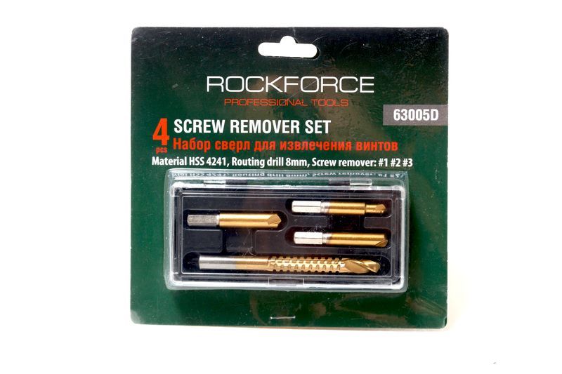 Набор сверел для извлечения заломанных болтов HSS 4241,4 предмета, в пластиковом футляре ROCKFORCE RF-63005D 29882