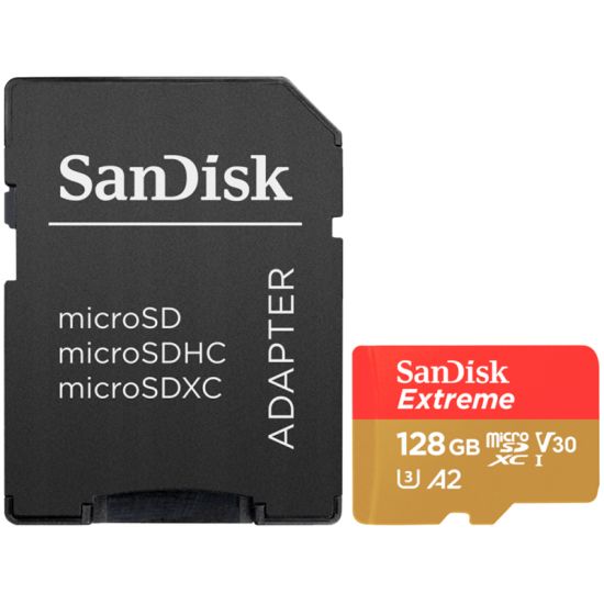 SanDisk Extreme microSDXC 128GB + SD Adapter + 1 year RescuePRO Deluxe up to 190MB/s & 90MB/s Read/Write speeds A2 C10 V30 UHS-I U3