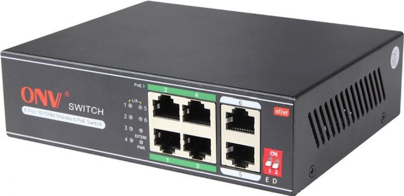 Коммутатор PoE  4-портовый ONV-H1064PLD long distance <4 порта 10/100Mbps PoE802.3at/af (max 30W на порт),  2 Uplink порта 10/100Mbps, 250 Meters @10M, Bandwidth:1.6Gbps, самовосстановление сети, бюджет мощности PoE 60W>