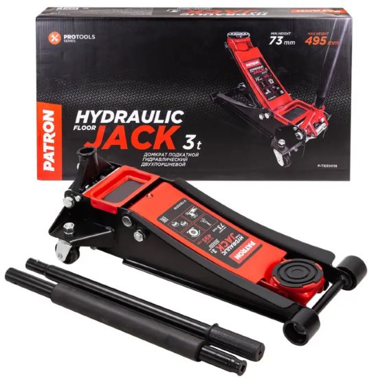 Домкрат подкатной гидравлический двухштоковый низкопрофильный с прорезиненной накладкой на рукоятке  47792       P-T830018