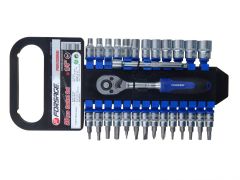 Набор головок и бит с трещоткой 28 предметов  1/4" (4-14мм; Torx:T10-T30; Hex:3-6мм;SL:4,5.5,7мм; PH1,2),в пластиковом держателе Forsage F-027-5 MSA 9671