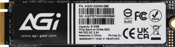 Твердотельный накопитель AGI AI298, 512Gb, 2300Mb/1450Mb, M2 PCIe Gen 3 NVMe, PCIe AGI512GIMAI298-CB
