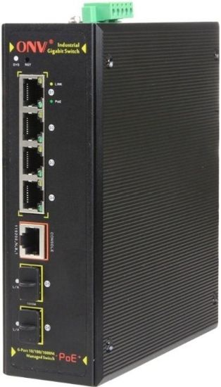 Коммутатор PoE индустриальный управляемый GbE 4-портовый ONV IPS33064PFM <4 порта 10/100/1000Mbps PoE 802.3af/at (max 30W на порт), 2 порта Gigabit SFP, бюджет мощности PoE 60W>
