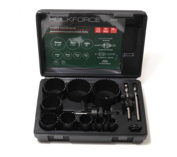 Набор пил кольцевых биметаллических HSS, 13 предметов(29, 35, 38, 44, 51, 57, 64мм), в пластиковом кейсе ROCKFORCE RF-BHS13 29661