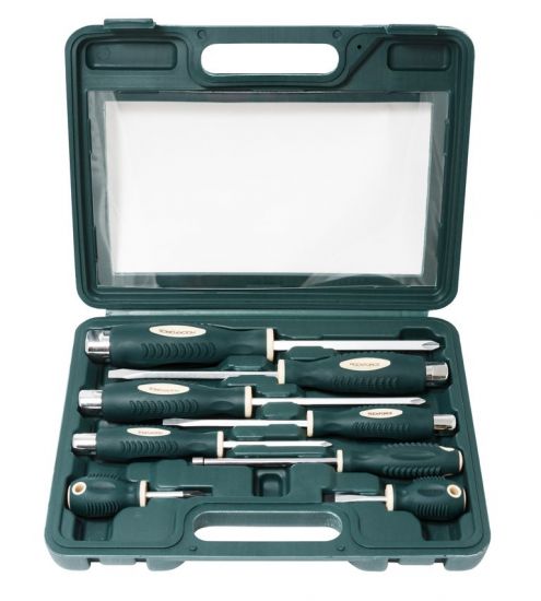 Набор отверток силовых магнитных "Profi",8 предметов(SL:5.5х100,6.5х125,8.0х150,9.5х175,6.5х38мм; PH:1х75,2х38,2х100,3х125мм+магнит телескоп190-550мм)в кейсе ROCKFORCE RF-7008 26539