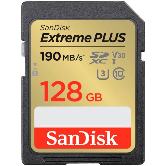 SanDisk Extreme PLUS 128GB SDXC Memory Card + 2 years RescuePRO Deluxe up to 190MB/s & 90MB/s Read/Write speeds, UHS-I, Class 10, U3, V30