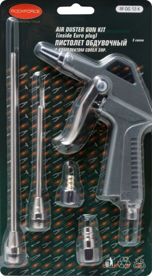 Пистолет обдувочный с комплектом сопел  3 предмета(20,90,165мм+штуцер под б/с+штуцер елочка 8мм), в блистере ROCKFORCE RF-DG-12-K 26134