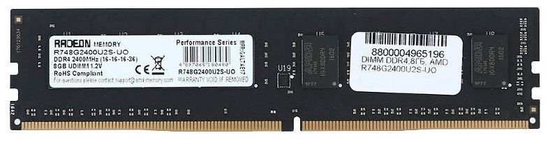 Оперативная память 8Gb DDR4 2400MHz AMD Radeon R7 Performance Black CL16 Non-ECC 1.2V PC4-19200 Bulk R748G2400U2S-UO