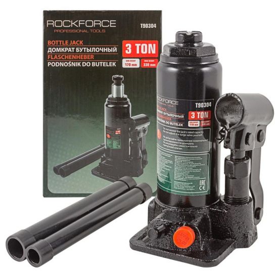 Домкрат бутылочный  с клапаном 3т.(h min-170мм,h max-330мм) Rock FORCE RF-T90304(DS) 51449
