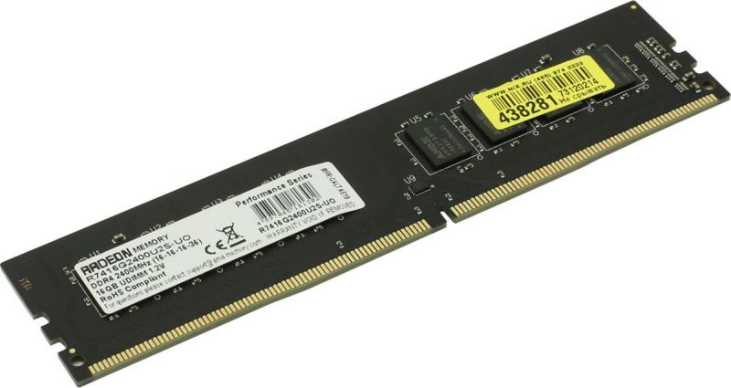 Оперативная память 16GB DDR4 2400MHz AMD Radeon R7 Performance Black DIMM PC4-19200, Non-ECC, CL16, 1.2V, Bulk R7416G2400U2S-UO