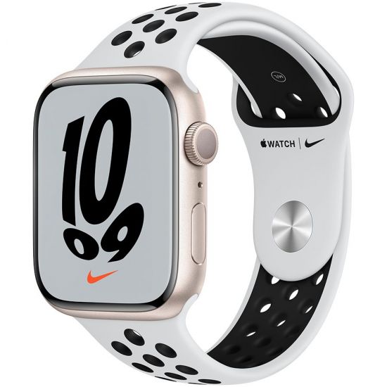 Apple Watch Nike Series 7 GPS, 45mm Starlight Aluminium Case with Pure Platinum/Black Nike Sport Band - Regular, A2474