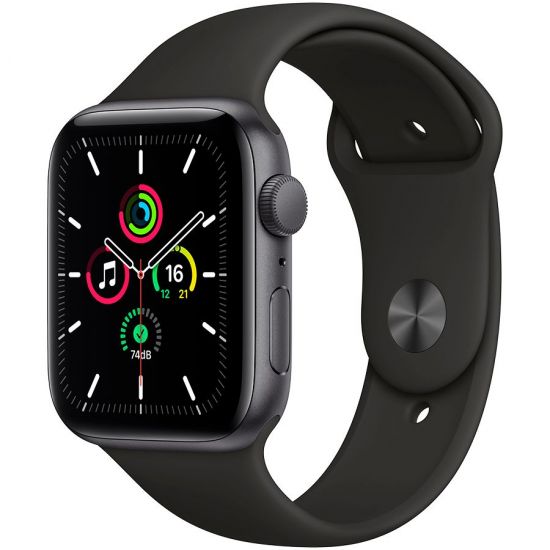 Apple Watch SE GPS, 44mm Space Gray Aluminium Case with Black Sport Band - Regular, Model A2352