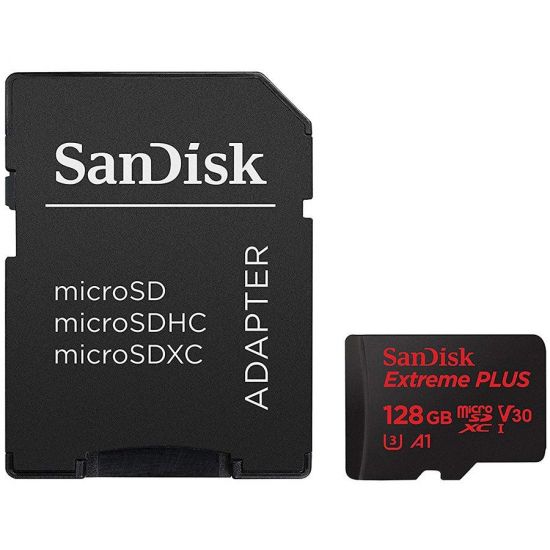 SanDisk Extreme Plus microSDXC 128GB   SD Adapter   Rescue Pro Deluxe 170MB/s A2 C10 V30 UHS-I U3; EAN: 619659169510