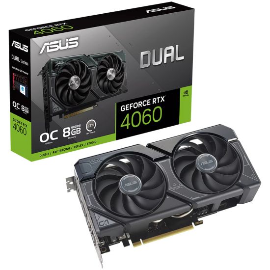 ASUS Video Card NVidia Dual GeForce RTX 4060 OC Edition 8GB GDDR6 VGA with two powerful Axial-tech fans and a 2.5-slot design for broad compatibility, PCIe 4.0, 1xHDMI 2.1a, 3xDisplayPort 1.4a