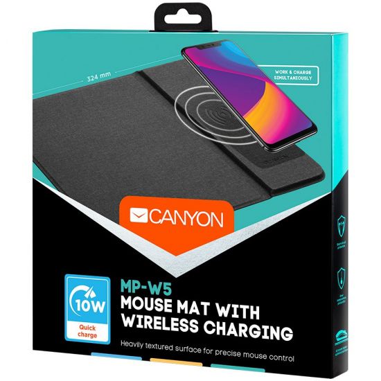 CANYON Mouse Mat with wireless charger, Input 5V/2A,9V2A Output 5W/7.5W/10W, 324*244*6mm, Micro USB cable length 1m, Black, 220g