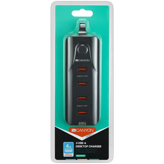 CANYON H-09 Universal 4xUSB AC charger (in wall) with over-voltage protection, Input 100V-240V, Output 5V-4.2A, with Smart IC, Black rubber coating  orange plastic part of USB, 127.7*50*24.5mm, 0.126kg