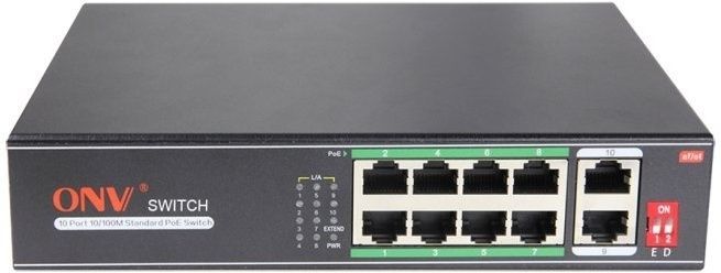 Коммутатор PoE  8-портовый ONV-H1108PL long distance <8 портов 10/100Mbps PoE802.3at/af (30W на порт),  2 Uplink порта 10/100Mbps, 250 Meters @10M, Bandwidth:2Gbps, бюджет мощности PoE 120W>