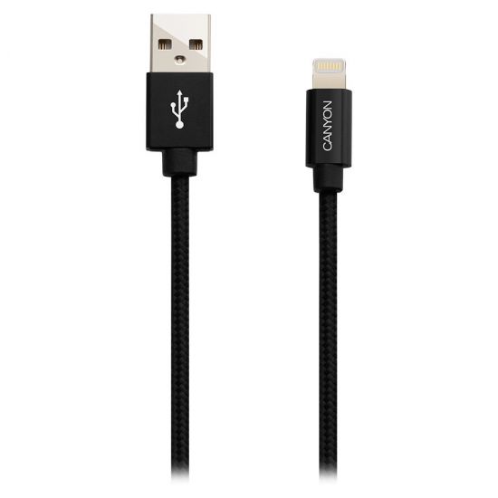 CANYON MFI-3 Charge & Sync MFI braided cable with metalic shell, USB to lightning, certified by Apple, cable length 1m, OD2.8mm, Black