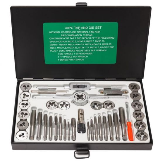 Набор метчиков и плашек метрический 40 предметов (М3х0.5/0.6, М4х0.7/0.75, М5х0.8/0.9, М6х0.75/1, М7х0.75/1,М8х1/1.25, М10х1.25/1.5, М12х1.5/1.75), в металли ROCKFORCE RF-M040-1 10459