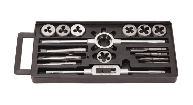 Набор метчиков и плашек метрический 16 предметов (М3х0.5, М4х0.7, М5х0.8, М6х1, М8х1.25, М10х1.5, М12х1.75), в пенале ROCKFORCE RF-PD016-1 10465