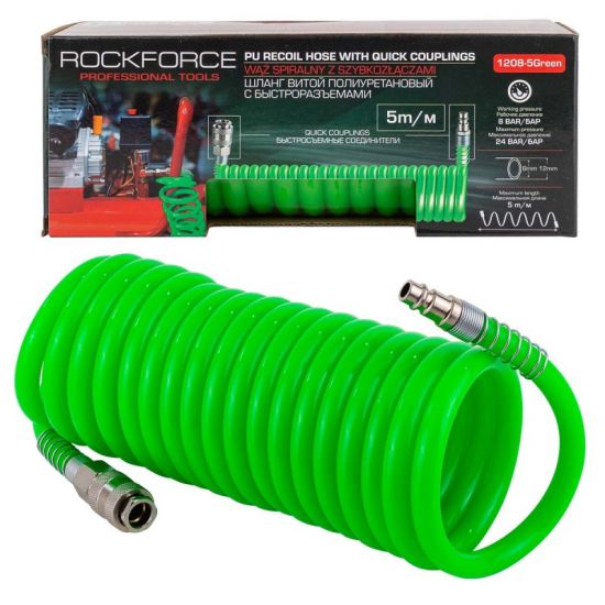 Шланг витой полиуретановый 12мм х 8мм х 5м с быстроразъемами Rock FORCE RF-1208-5Green 58009