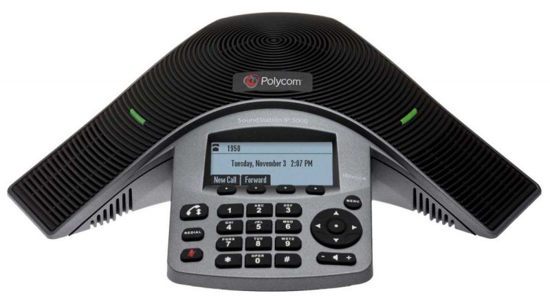 SoundStation IP 5000 conference phone with factory disabled media encryption. 802.3af Power over Ethernet. Includes 7.6 meter Ethernet cable.